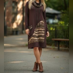 Fantazia Womens Brown and Tan Long Sleeve Dress with Patterned Accents Size M